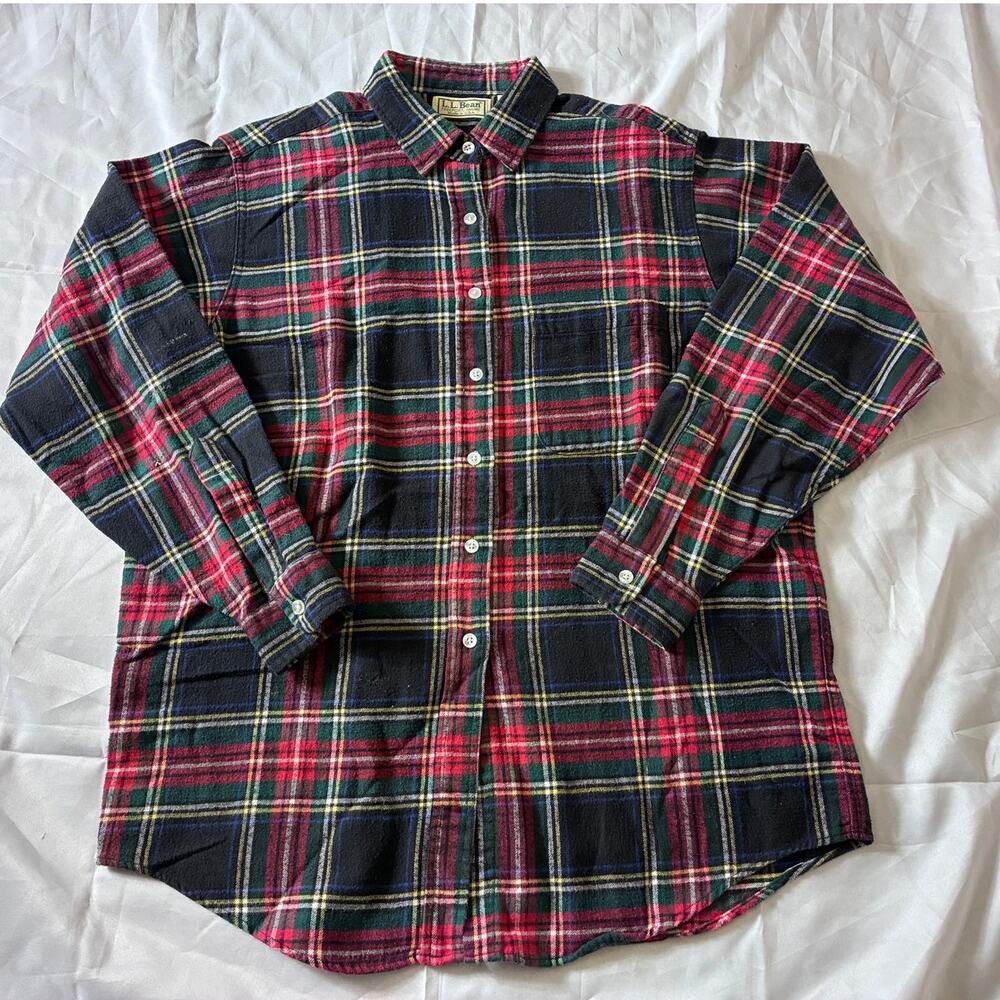 LL Bean Flannel Shirt Women's 10 Tartan Plaid Black Green Red Cotton